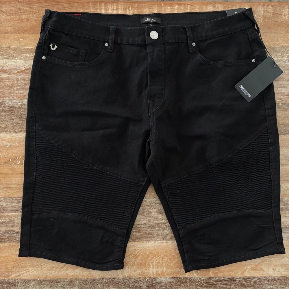 True Religion Rocco Moto Shorts Black Rinse Relaxed Skinny Biker Denim 38 NWT